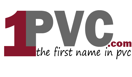 1PVC logo. Gray letters '1PVC' with red '1', and tagline 'the first name in pvc .com'